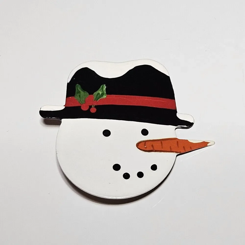 Signed Handmade Vintage Painted Metal Snowman Brooch